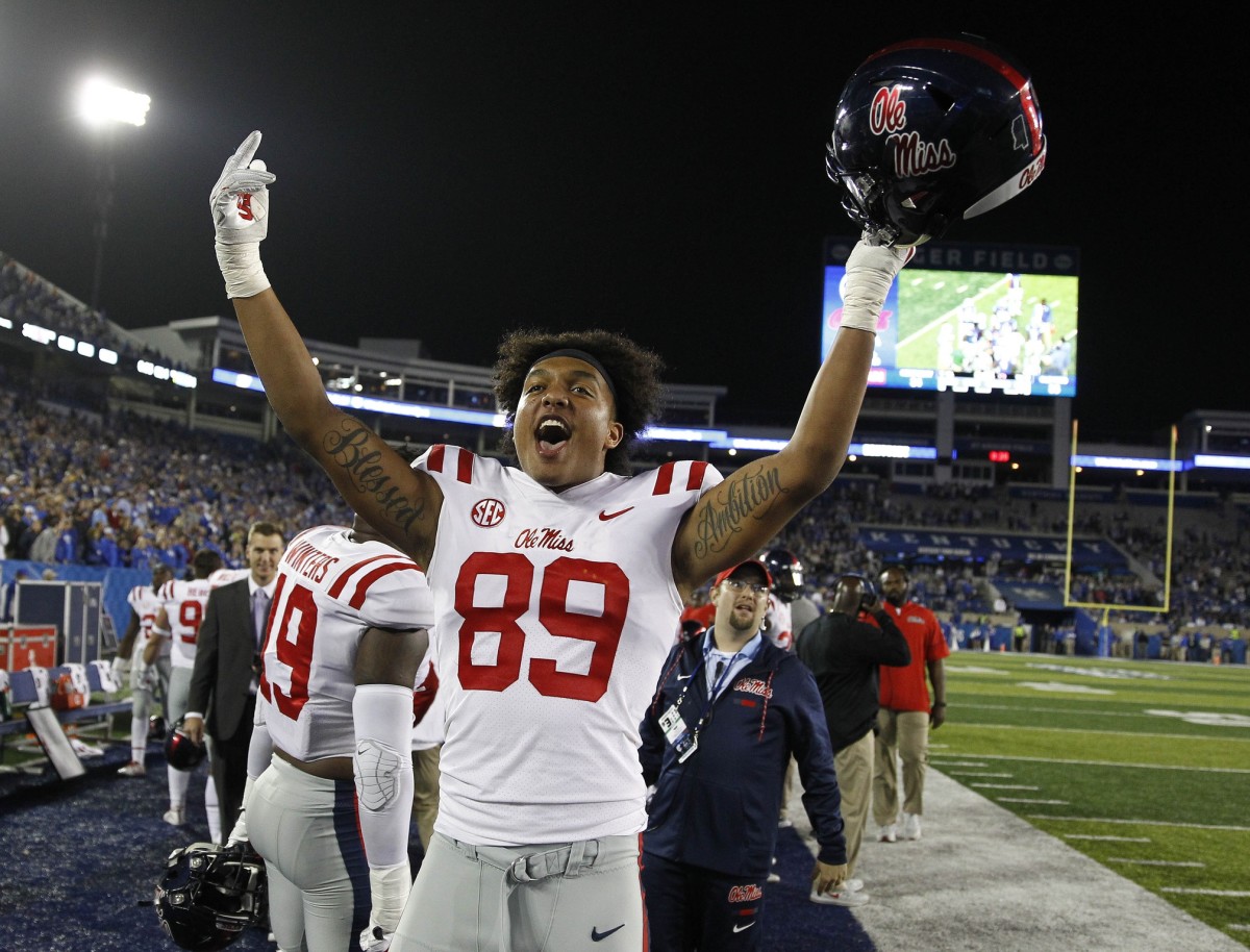 Ole Miss Rebels defensive end Ryder Anderson (89) celebrates during the game against the Kentucky Wildcats in the second half at Commonwealth Stadium. Ole Miss defeated Kentucky 37-34. Mandatory Credit: Mark Zerof-USA TODAY Sports