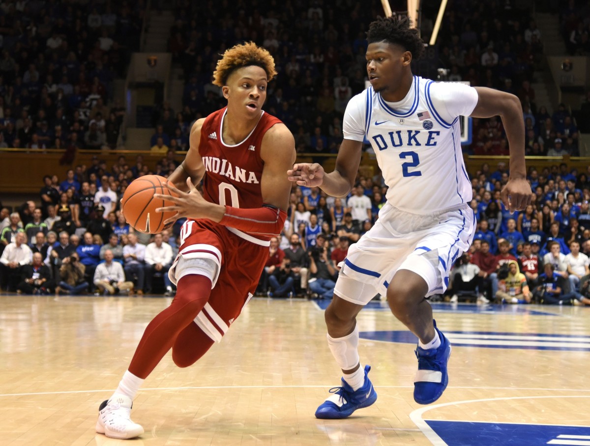 Indiana Hoosiers guard Romeo Langford (0) drives to the basket as Duke Blue Devils forward Cam Reddish (2) defends during the second half at Cameron Indoor Stadium.