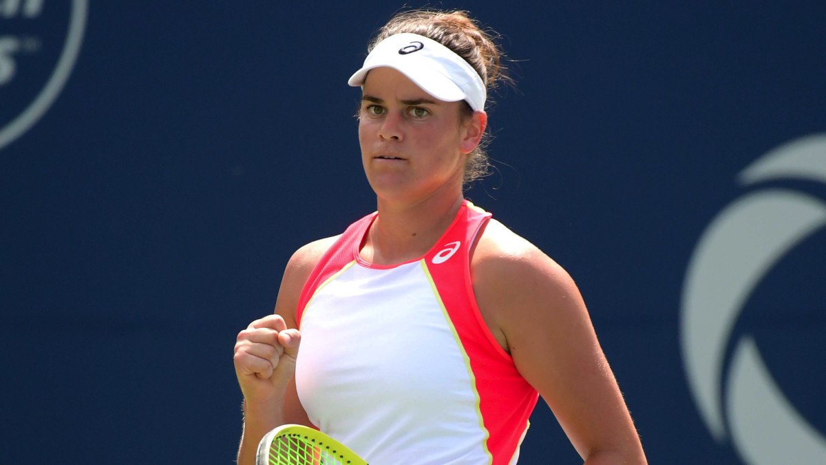 Jennifer Brady (USA) reacts after winning a set against Simona Halep (Romania) during the Rogers Cup tennis tournament at Aviva Centre.