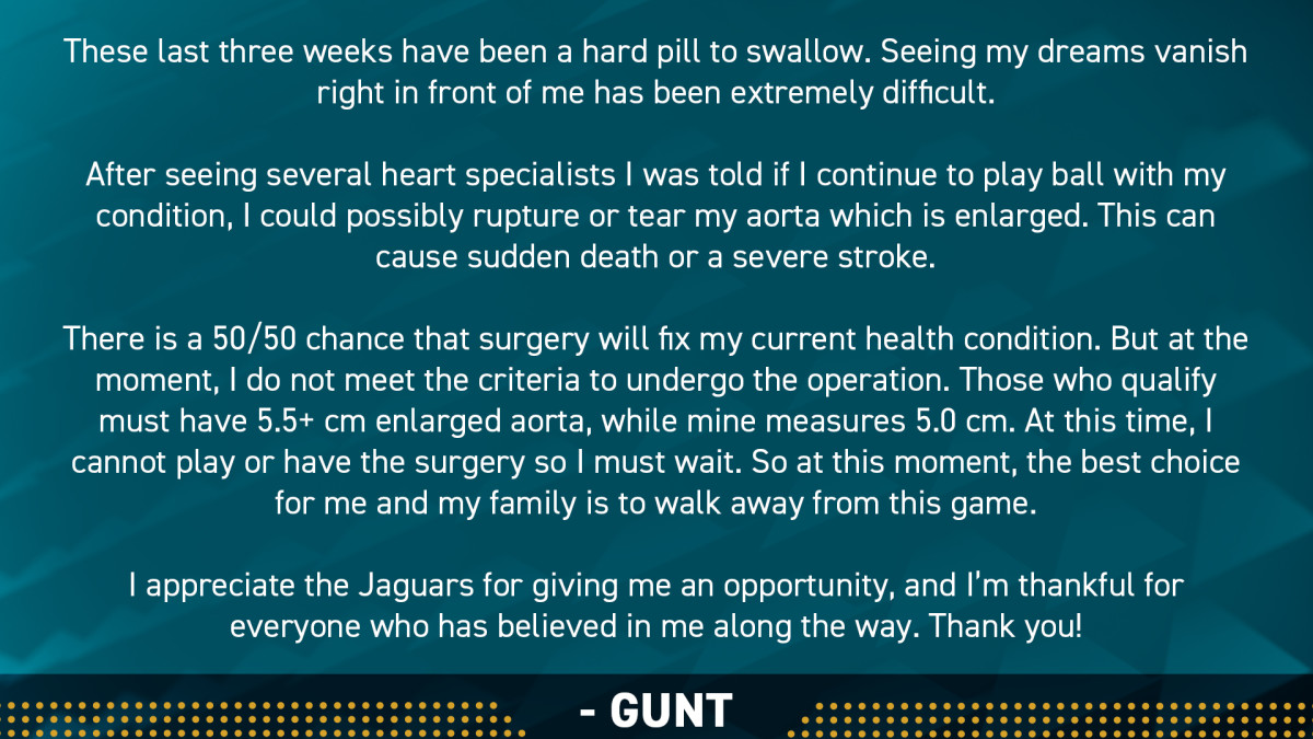 A statement, signed "Gunt" was released on Sunday night through the Jaguars. Photo courtesy Jaguars and Gunter