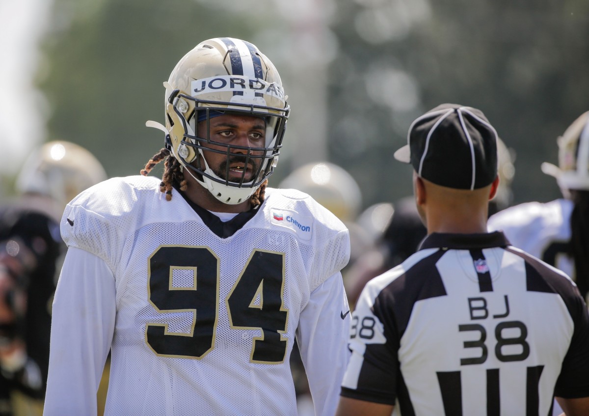 Aug, 3, 2019; Metairie, LA, USA; New Orleans Saints defensive end Cameron Jordan (94) talks to an official during training camp practice at the Ochsner Sports Performance Center. Mandatory Credit: Derick E. Hingle-USA TODAY Sports