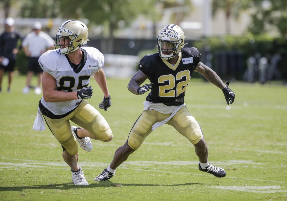 Jul 28, 2019; Metairie, LA, USA; New Orleans Saints defensive back Chauncey Gardner-Johnson (22) works against tight end Dan Arnold (85) during training camp at the Ochsner Sports Performance Center. Mandatory Credit: Derick E. Hingle-USA TODAY Sports