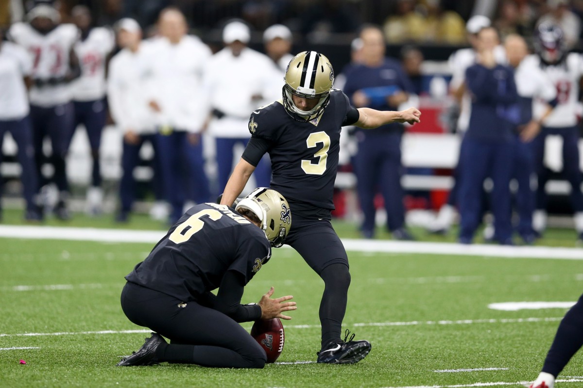 Sep 9, 2019; New Orleans, LA, USA; New Orleans Saints kicker Wil Lutz (3) attempts a field goal from the hold of punter Thomas Morstead (6) in the second half against the Houston Texans at the Mercedes-Benz Superdome. Mandatory Credit: Chuck Cook-USA TODAY Sports