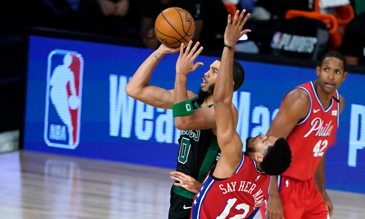 Celtics forward Jayson Tatum drives to the basket against the Philadelphia 76ers during Game 1 of their Eastern Conference playoff series on the Disney campus.
