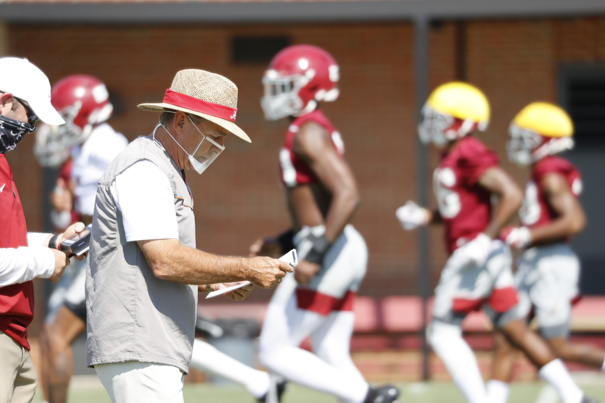 Nick Saban at practice while waring a mask, August 18, 2020