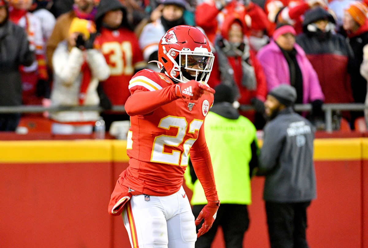 Dec 1, 2019; Kansas City, MO, USA; Kansas City Chiefs free safety Juan Thornhill (22) celebrates after running back an interception for a touchdown during the first half against the Oakland Raiders at Arrowhead Stadium. Mandatory Credit: Denny Medley-USA TODAY Sports