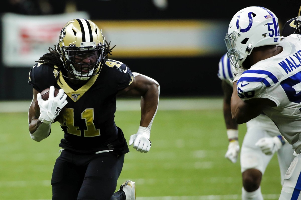 Dec 16, 2019; New Orleans, LA, USA; New Orleans Saints running back Alvin Kamara (41) runs against the Indianapolis Colts during the second half at the Mercedes-Benz Superdome. Mandatory Credit: Derick E. Hingle-USA TODAY Sports