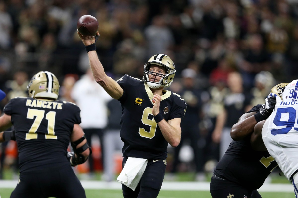 Dec 16, 2019; New Orleans, LA, USA; New Orleans Saints quarterback Drew Brees (9) makes a throw in the second quarter against the Indianapolis Colts at the Mercedes-Benz Superdome. Mandatory Credit: Chuck Cook-USA TODAY