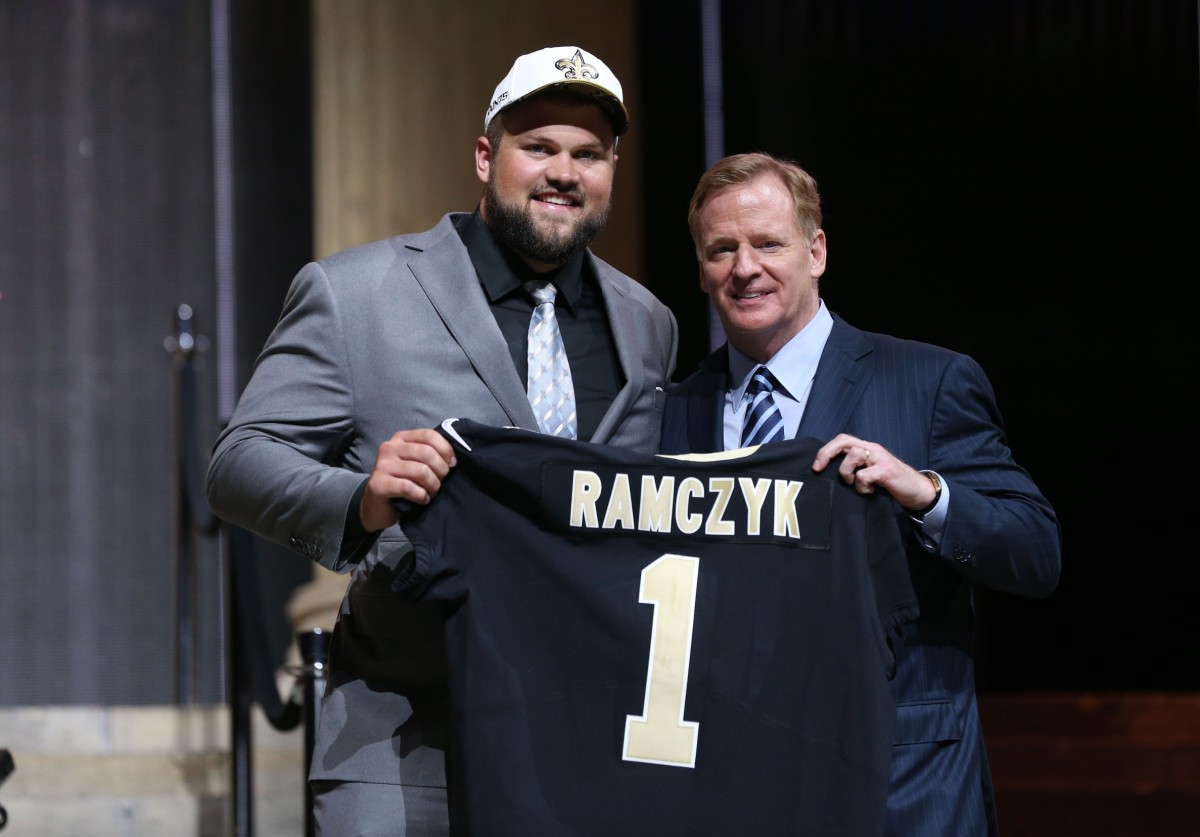 Apr 27, 2017; Philadelphia, PA, USA; Ryan Ramczyk (Wisconsin) poses with NFL commissioner Roger Goodell (right) as he is selected as the number 32 overall pick to the New Orleans Saints in the first round the 2017 NFL Draft at the Philadelphia Museum of Art. Mandatory Credit: Bill Streicher-USA TODAY Sports