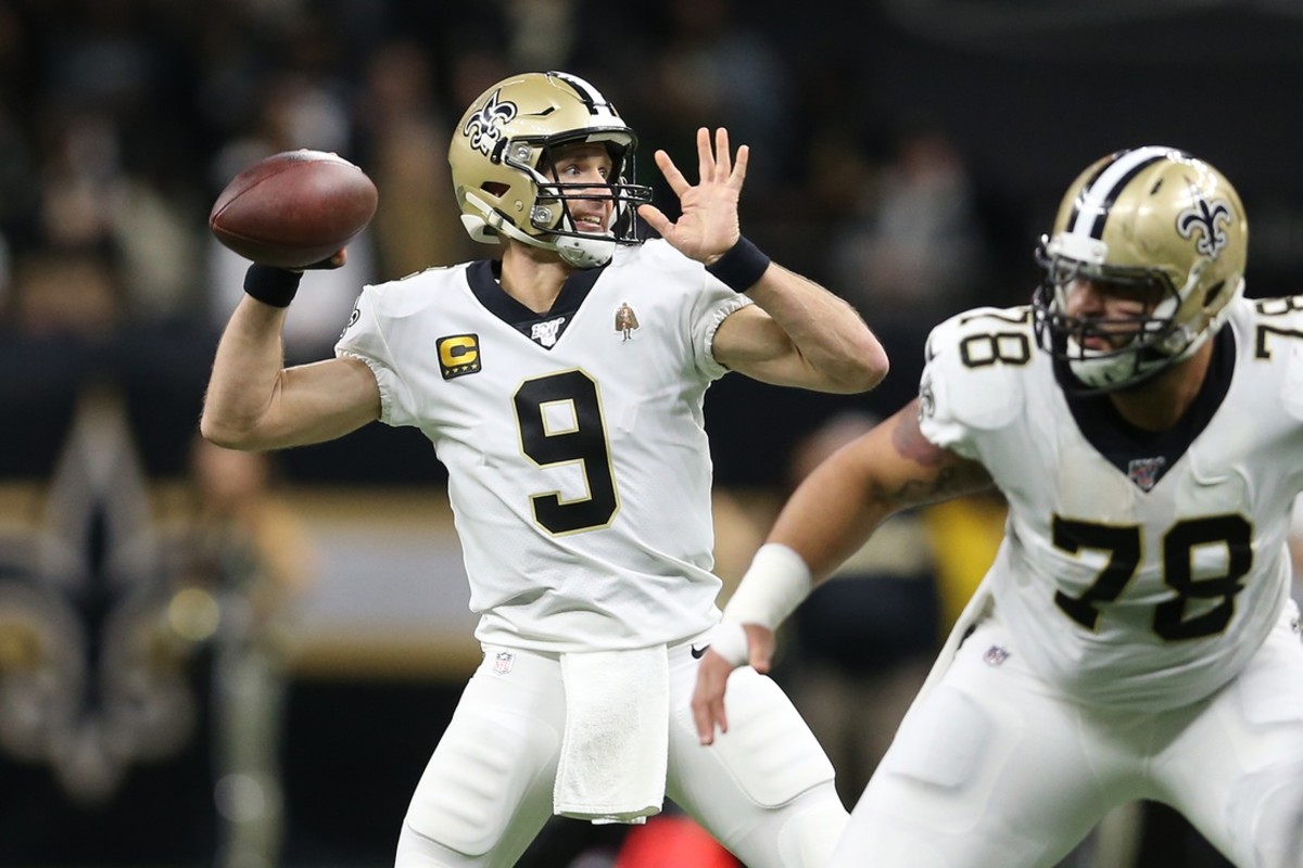 Jan 5, 2020; New Orleans, Louisiana, USA; New Orleans Saints quarterback Drew Brees (9) throws a pass against the Minnesota Vikings as New Orleans center Erik McCoy (78) blocks during the first quarter of a NFC Wild Card playoff football game at the Mercedes-Benz Superdome. Mandatory Credit: Chuck Cook -USA TODAY