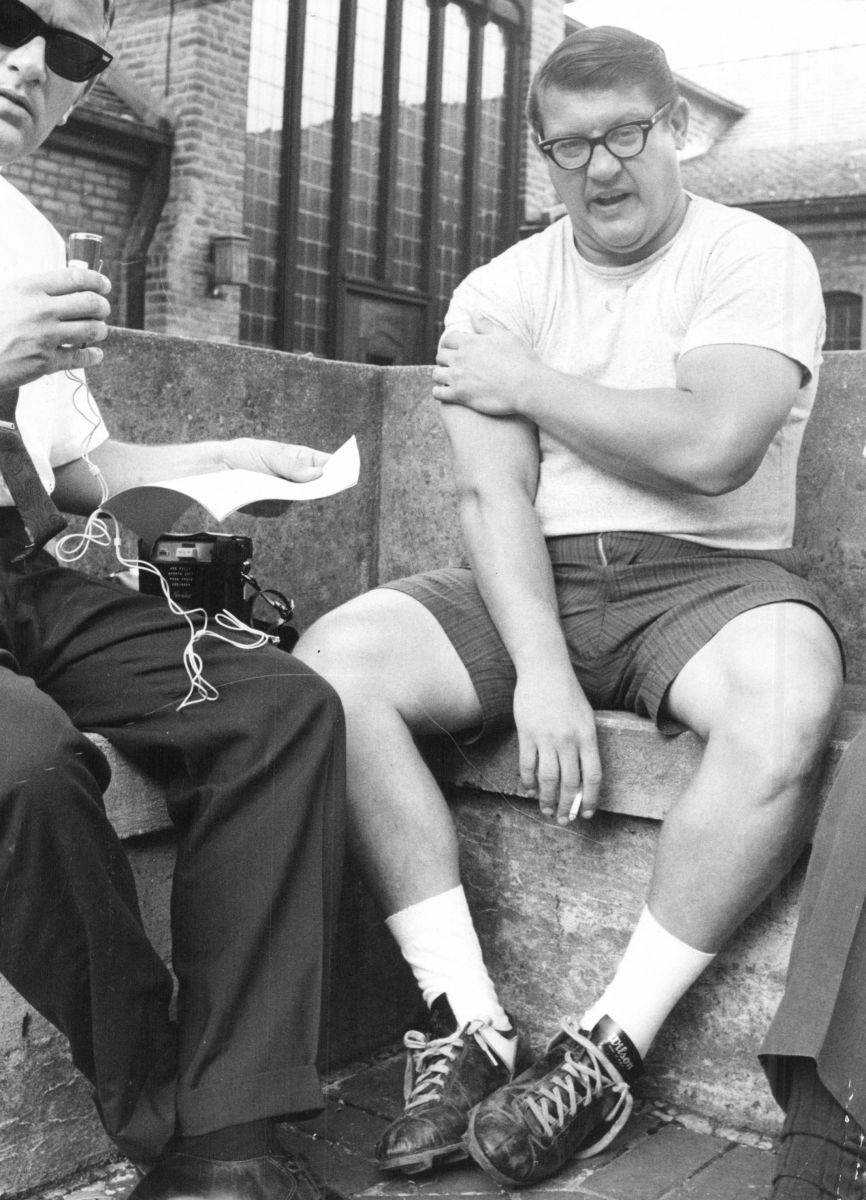 Alex Karras is interviewed by a reporter from the Detroit Free Press in 1957. He is the most recent Lions player to be inducted into the Hall of Fame.