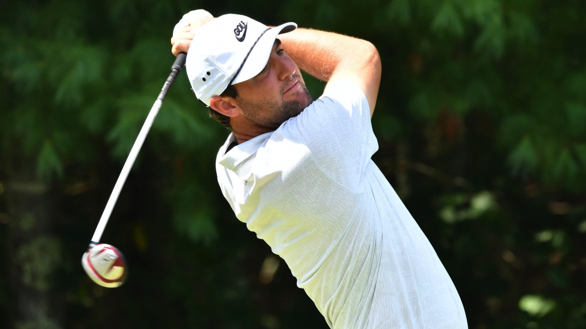 Scottie Scheffler hits his tee shot on the 15th hole during the second round of The Northern Trust golf tournament at TPC of Boston.