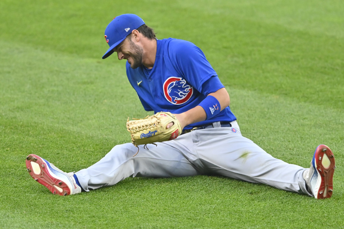 Chicago Cubs left fielder Kris Bryant (17) reacts after diving for a base hit in the fifth inning against the Cleveland Indians at Progressive Field.