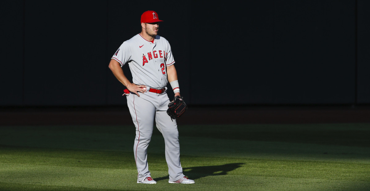 Los Angeles Angels center fielder Mike Trout (27) waits between pitches against the Seattle Mariners during the first inning at T-Mobile Park.