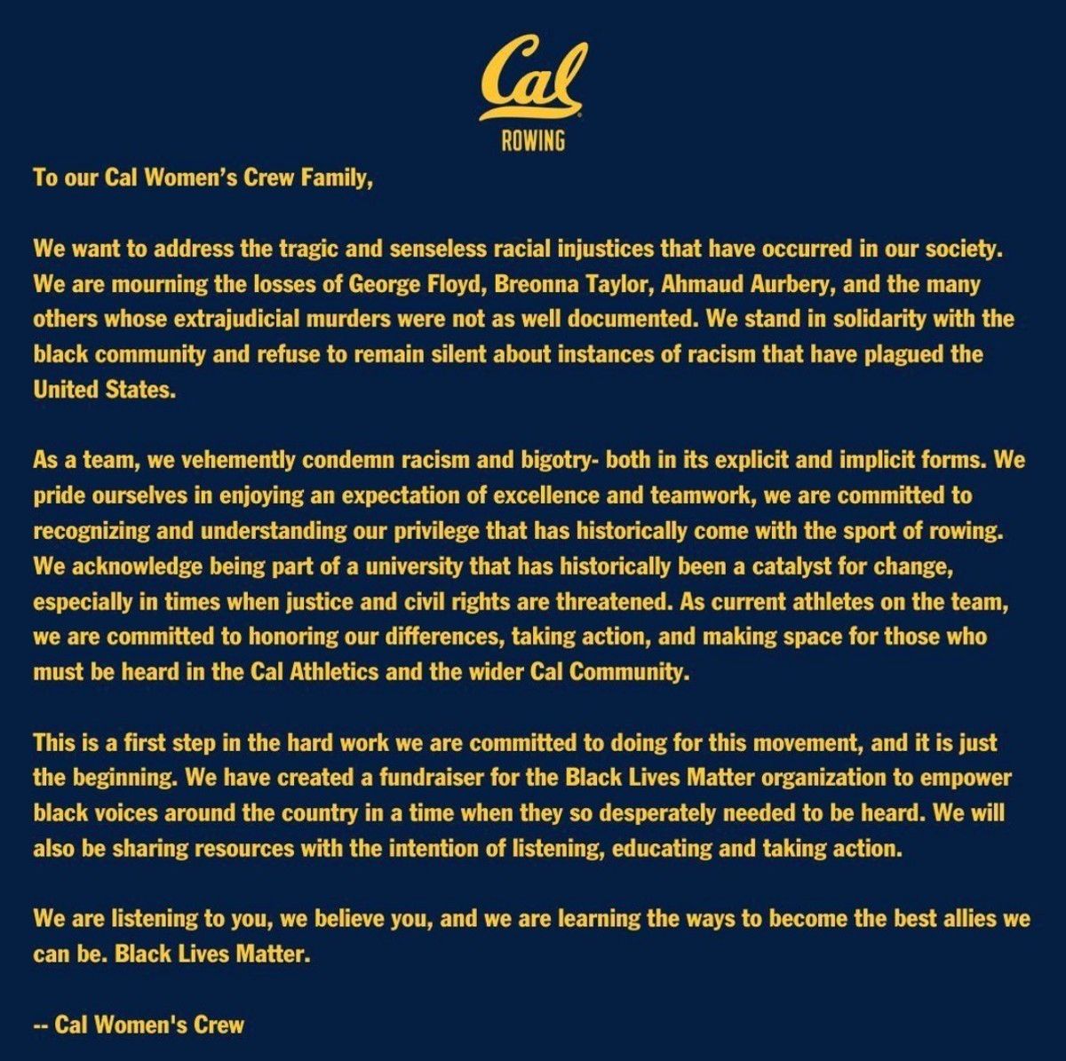 The Cal women's crew letter to their community