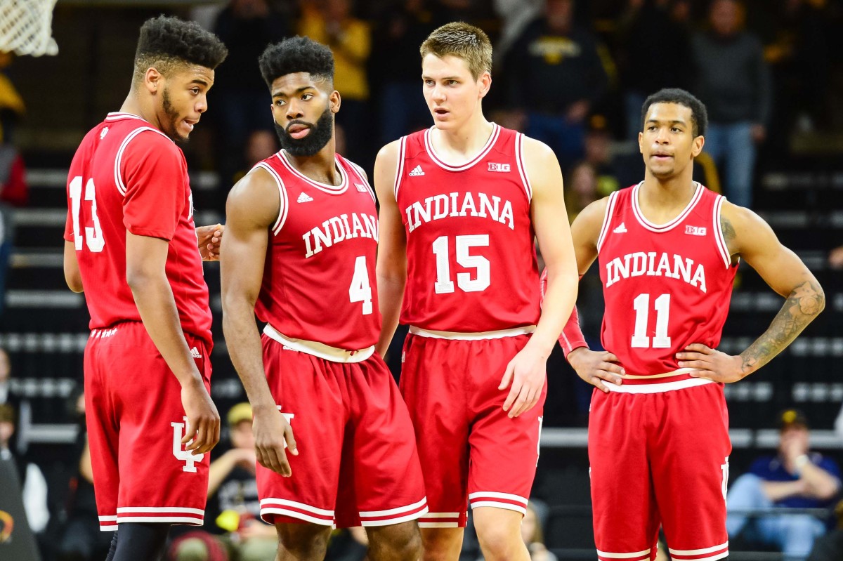 Indiana Hoosiers forward Juwan Morgan (13) and guard Robert Johnson (4) and guard Zach McRoberts (15) and guard Devonte Green (11) look on during the second half against the Iowa Hawkeyes at Carver-Hawkeye Arena.