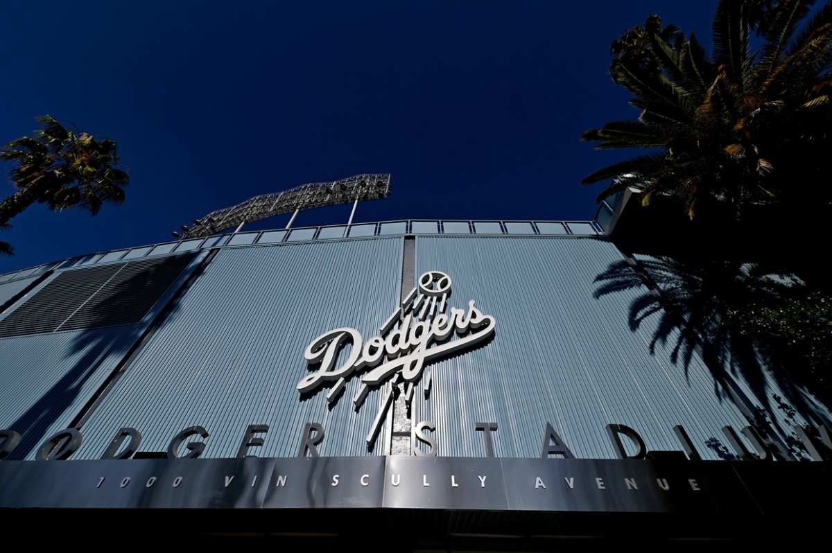 Jul 5, 2020; Los Angeles, California, United States; View of the stadium club entrance to Dodger Stadium during summer camp workouts on July 5, 2020. Mandatory Credit: Jayne Kamin-Oncea-USA TODAY Sports
