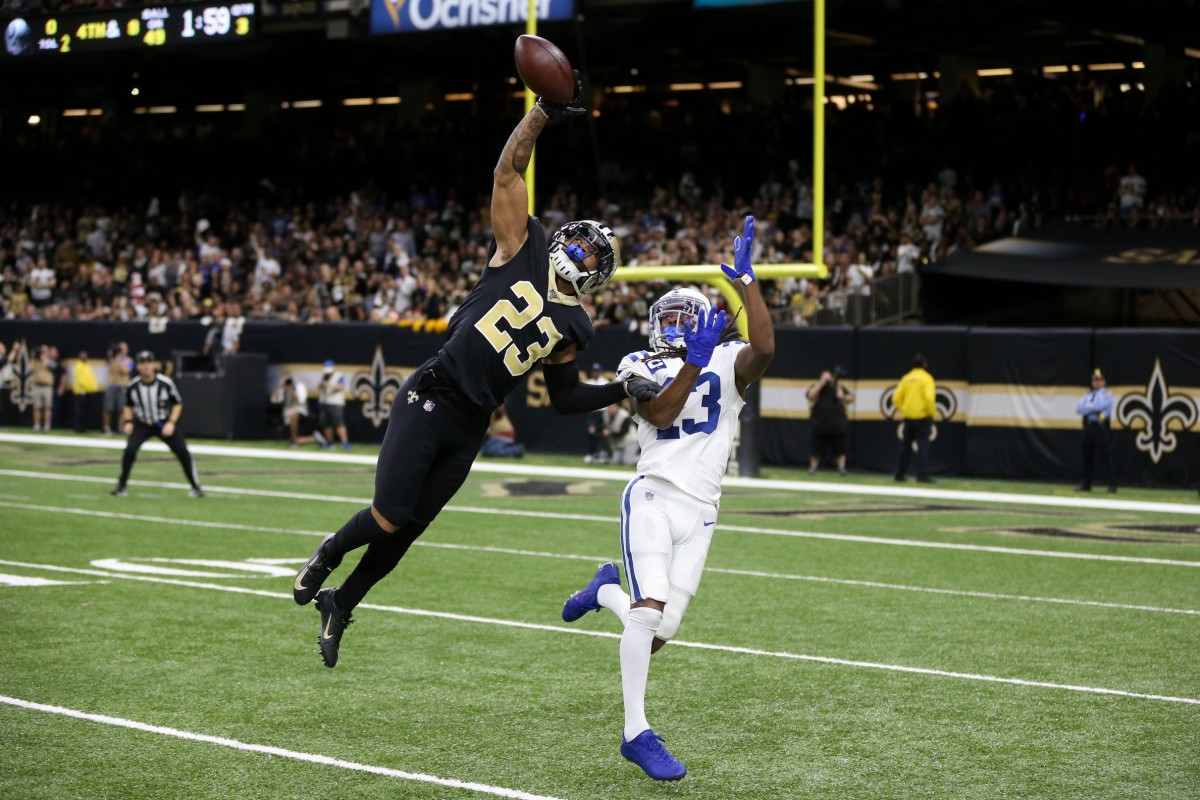 Dec 16, 2019; New Orleans, LA, USA; New Orleans Saints cornerback Marshon Lattimore (23) defends a pass intended for Indianapolis Colts wide receiver T.Y. Hilton (13) in the fourth quarter at the Mercedes-Benz Superdome. Mandatory Credit: Chuck Cook-USA TODAY