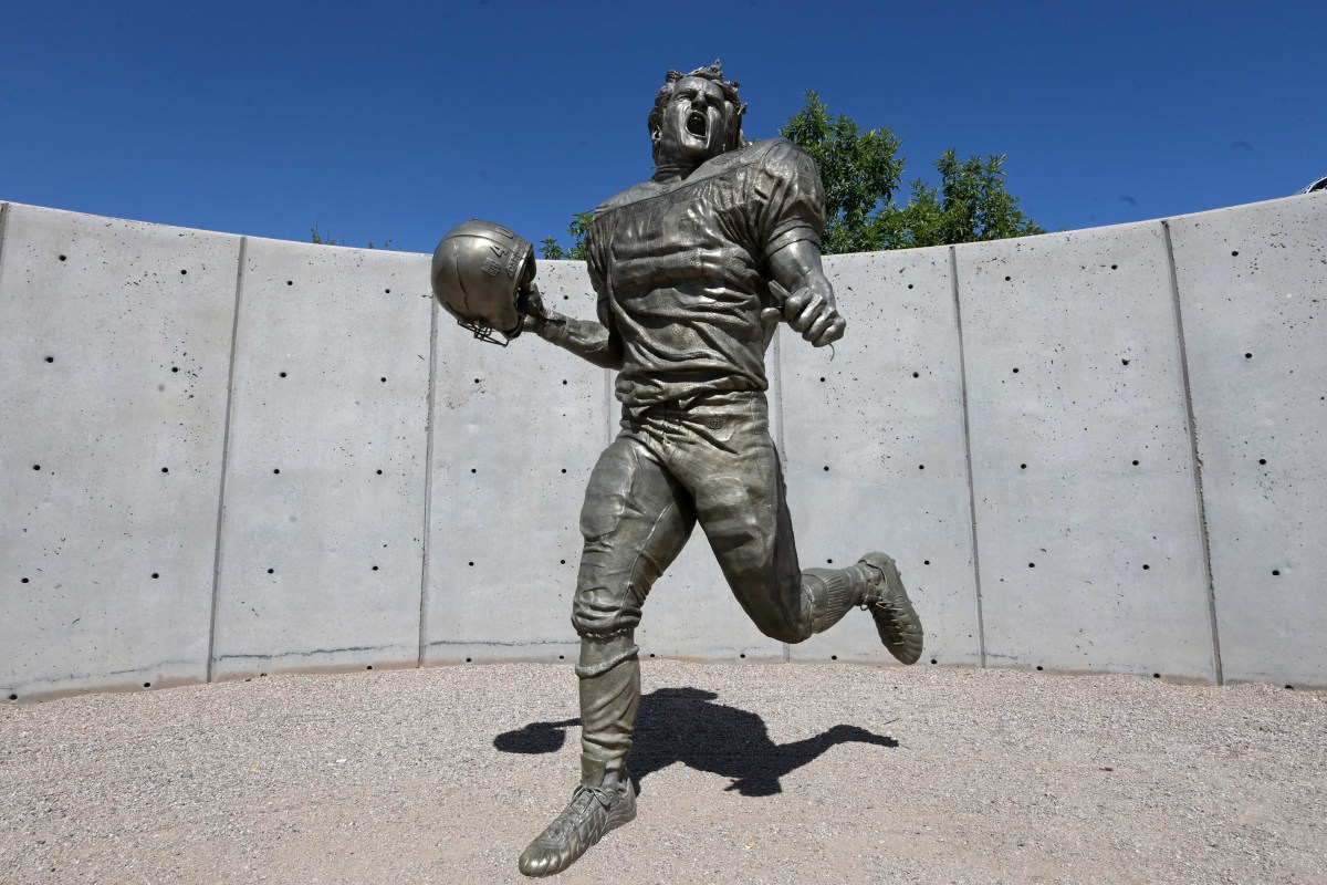 A statue dedicated to the memory of Pat Tillman is seen outside of the Cardinals’ stadium. 