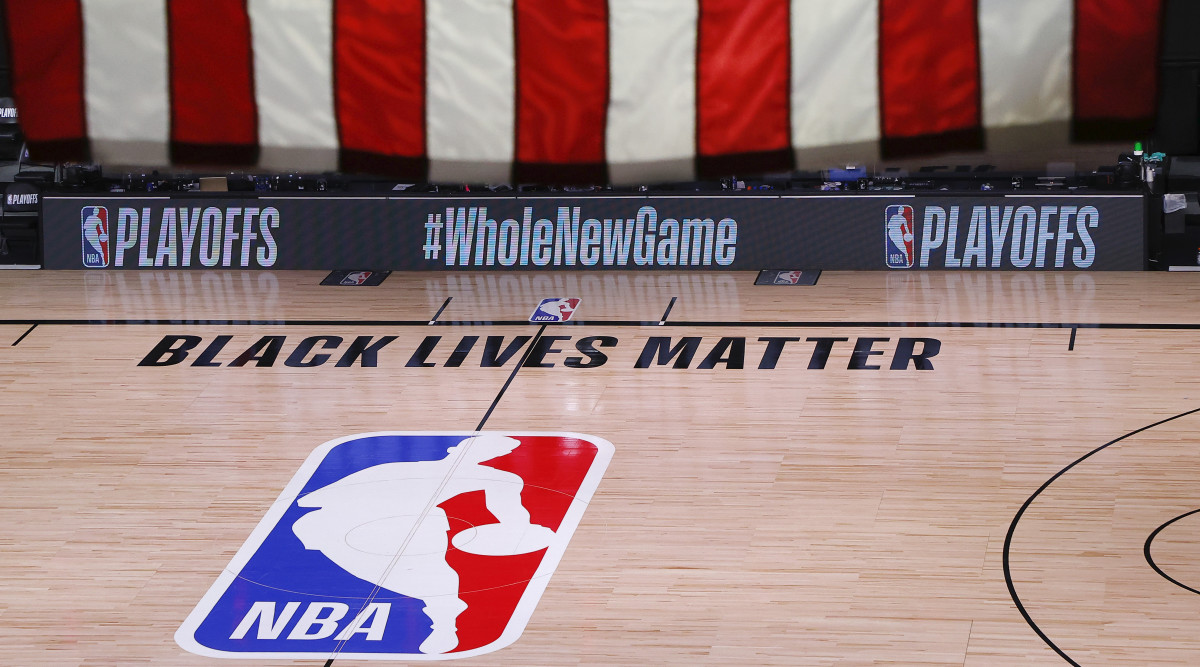 An empty court and bench is shown following the scheduled start time in Game Five of the Eastern Conference First Round between the Milwaukee Bucks and the Orlando Magic during the 2020 NBA Playoffs