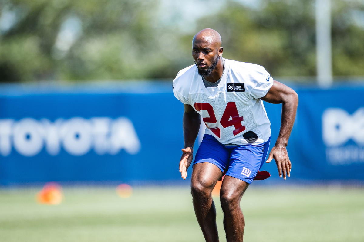 James Bradberry goes through drills during a Giants 2020 training camp practice in East Rutherford, NJ.