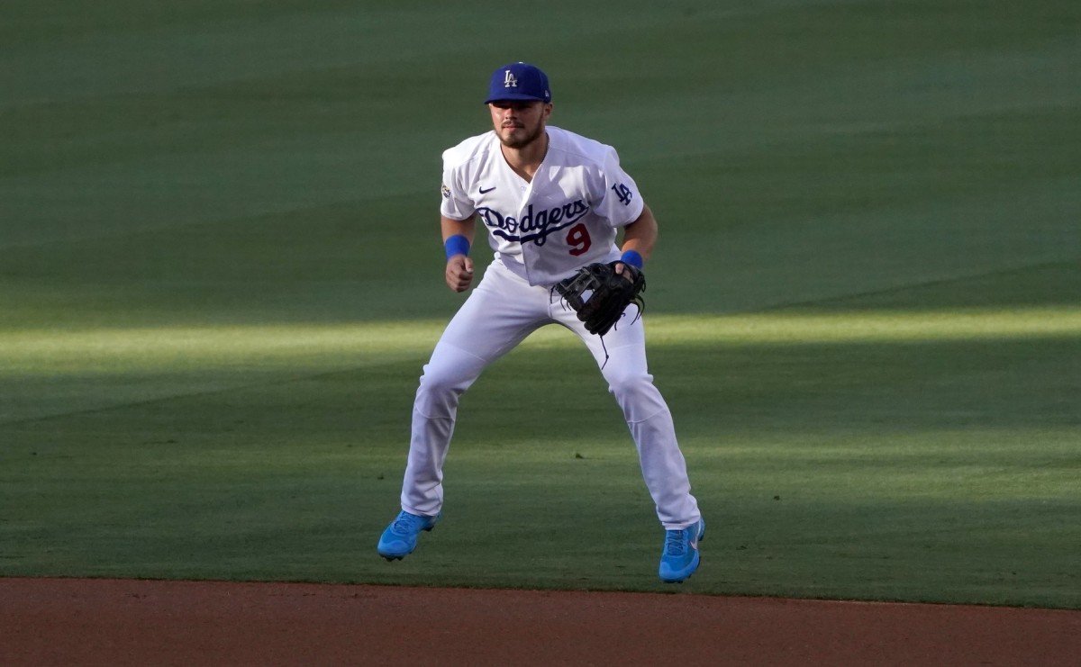Jul 15, 2020; Los Angeles, California, United States; Los Angeles Dodgers second baseman Gavin Lux (9) during an intrasquad game at Dodger Stadium. Mandatory Credit: Kirby Lee-USA TODAY Sports