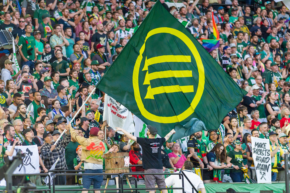 Portland Timbers fans fly the Iron Front symbol