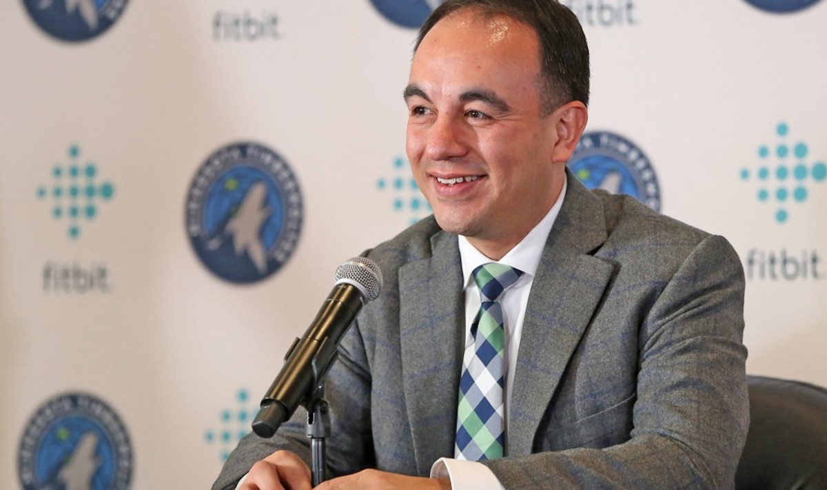 Minnesota Timberwolves president of basketball operations Gersson Rosas answers questions during a press conference in Minneapolis.