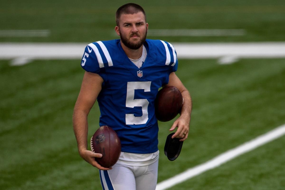Indianapolis Colts kicker Chase McLaughlin prepares for a recent scrimmage at Lucas Oil Stadium.
