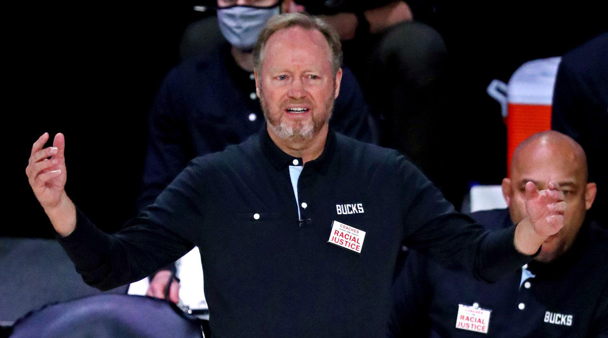 Milwaukee Bucks head coach Mike Budenholzer reacts during the first quarter against the Miami Heat in game three of the second round of the 2020 NBA Playoffs at ESPN Wide World of Sports Complex.