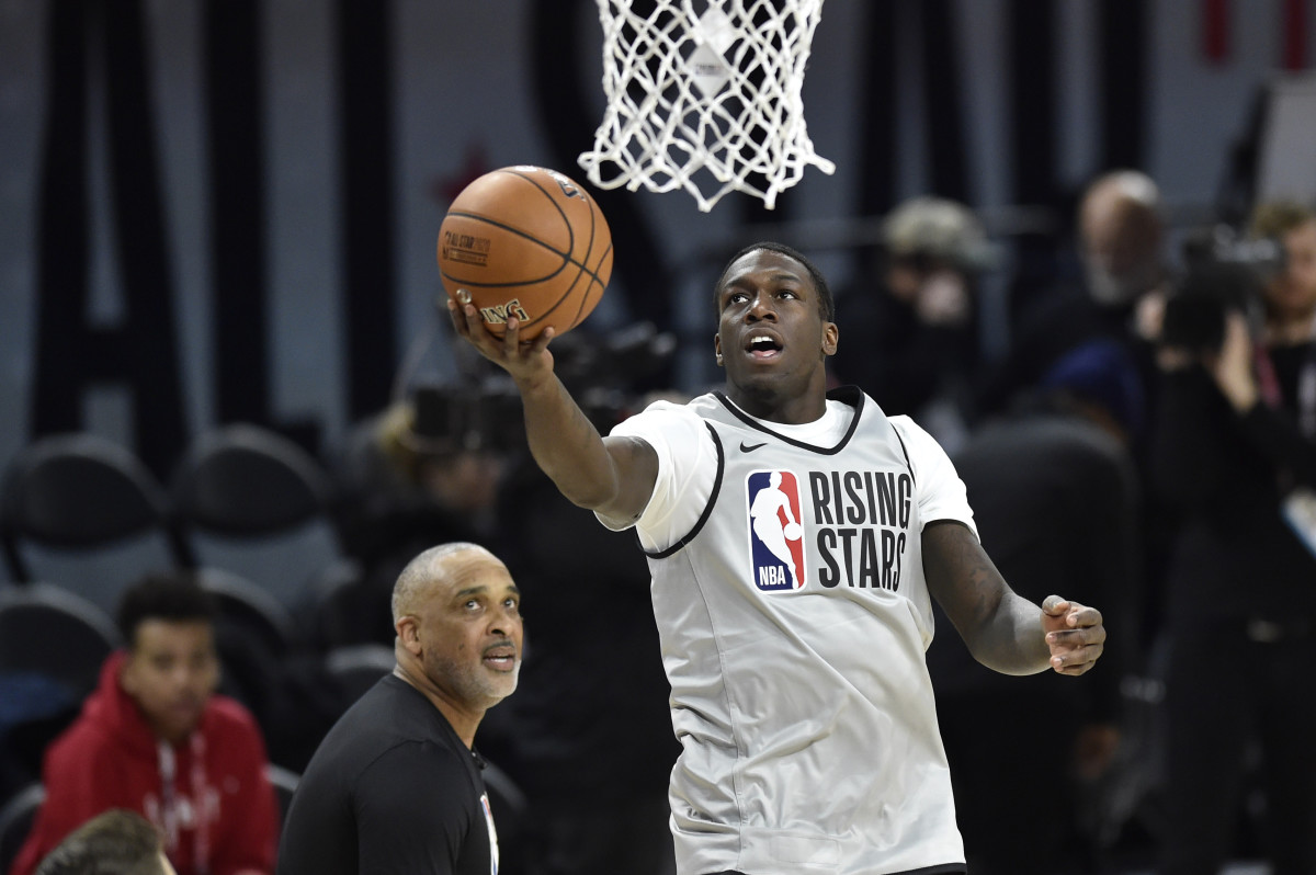 Miami Heat guard Kendrick Nunn shoots during practice for the NBA All Star-Rising Stars Game at Wintrust Arena. 