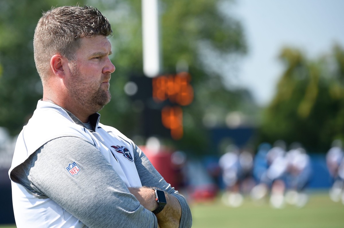 Titans general manager Jon Robinson watches during practice at Saint Thomas Sports Park Friday, Aug. 2, 2019, in Nashville, Tenn.