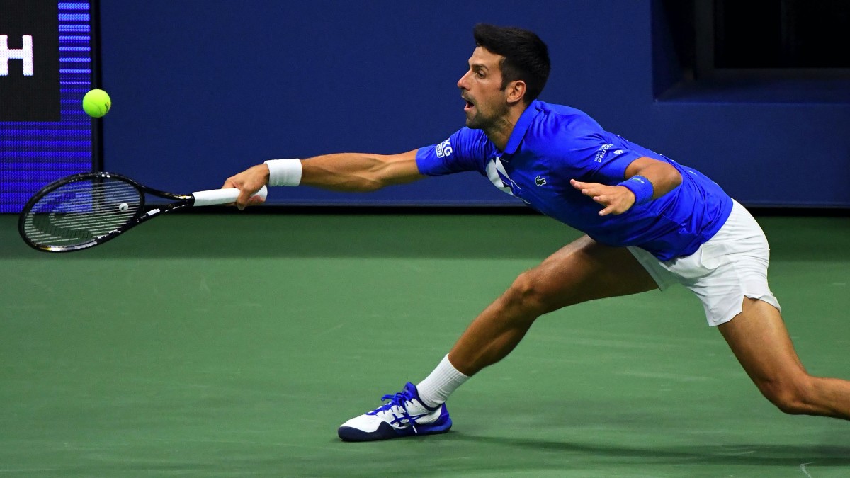 Novak Djokovic of Serbia hits the ball against Jan-Lennard Struff of Germany on day five of the 2020 U.S. Open tennis tournament at USTA Billie Jean King National Tennis Center.