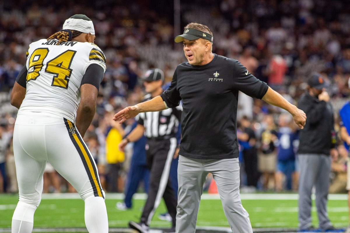 Head coach Sean Payton and Cameron Jordan during pregame as The New Orleans Saints take on the Dallas Cowboys in the Mercedes-Benz Superdome. Sunday, Sept. 29, 2019. Syndication: LafayetteLA © SCOTT CLAUSE/USA TODAY Network via Imagn Content Services, LLC