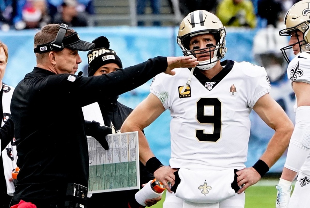 Dec 22, 2019; Nashville, Tennessee, USA; New Orleans Saints head coach Sean Payton talks with Saints quarterback Drew Brees (9) during the first half against the Tennessee Titans at Nissan Stadium. Mandatory Credit: Jim Brown-USA TODAY