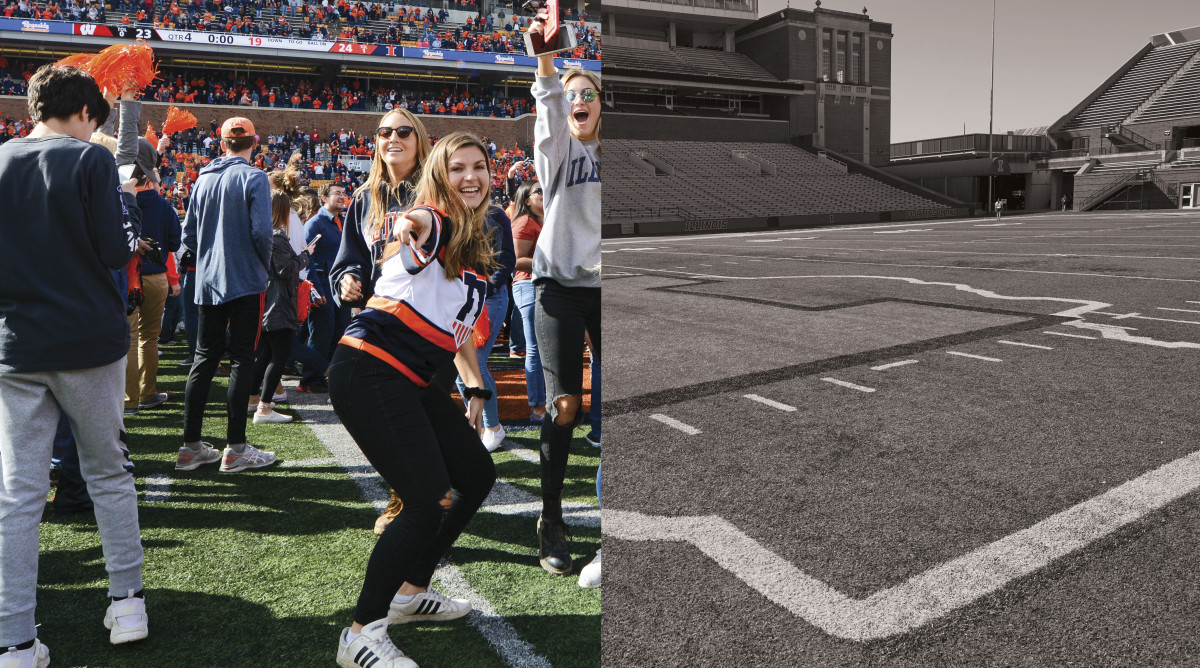 Illinois fans on the field split with an empty field