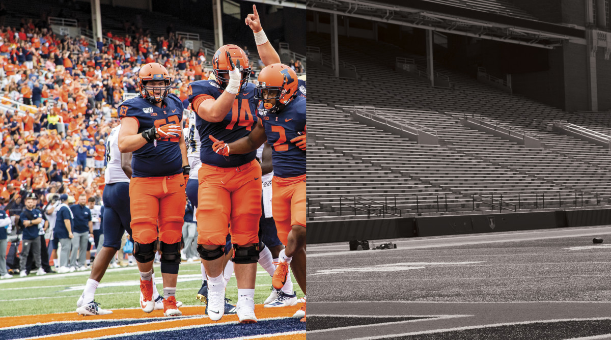 Illinois players celebrating on the field split with an empty field