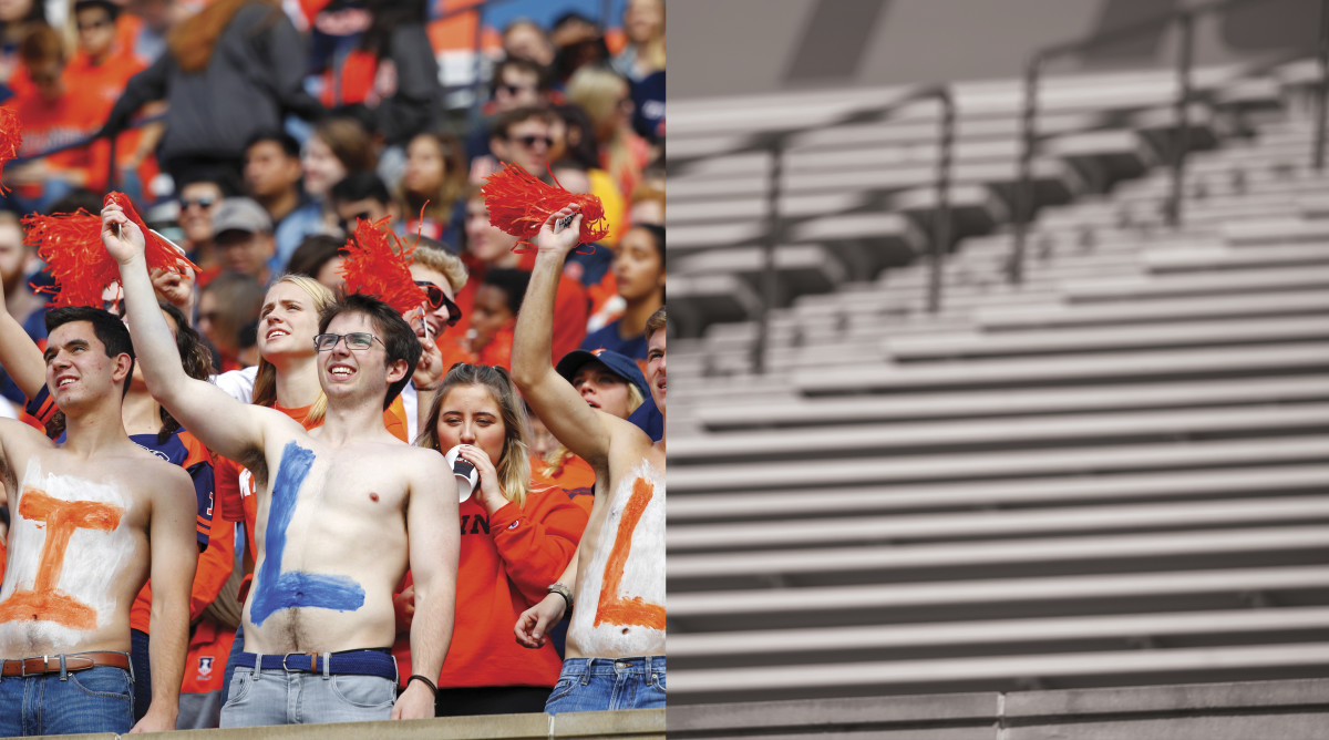 Illinois fans cheering in the stands split with empty stands