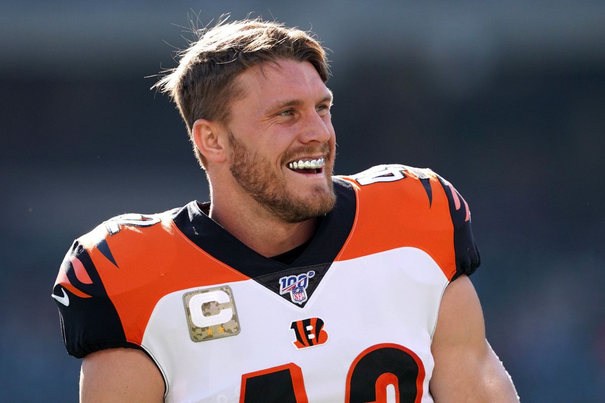 Cincinnati Bengals defensive back Clayton Fejedelem (42) stands on the field before a 2019 game against the Oakland Raiders at Oakland Coliseum.