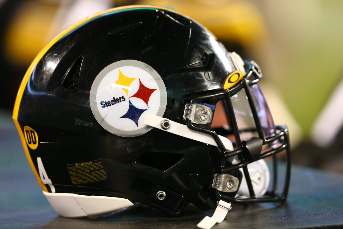Aug 29, 2019; Charlotte, NC, USA; A Pittsburgh Steelers helmet lays on the sidelines during the game against the Carolina Panthers at Bank of America Stadium.