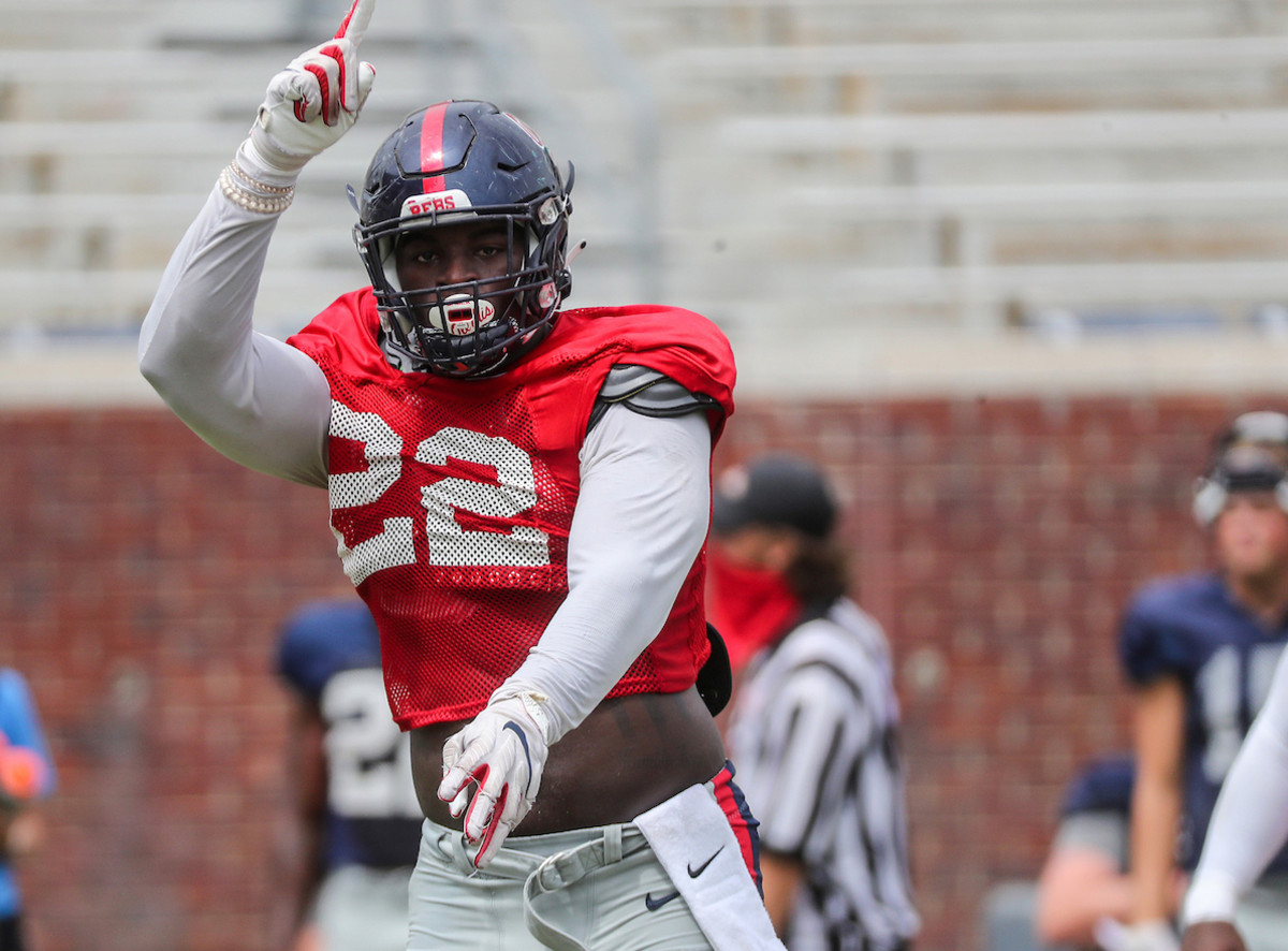 Defensive lineman Tariquious Tisdale celebrates during the Ole Miss Football scrimmage on September 5th, 2020 at Vaught-Hemingway Stadium in Oxford, MS. (Photo By Joshua McCoy/Ole Miss Athletics)