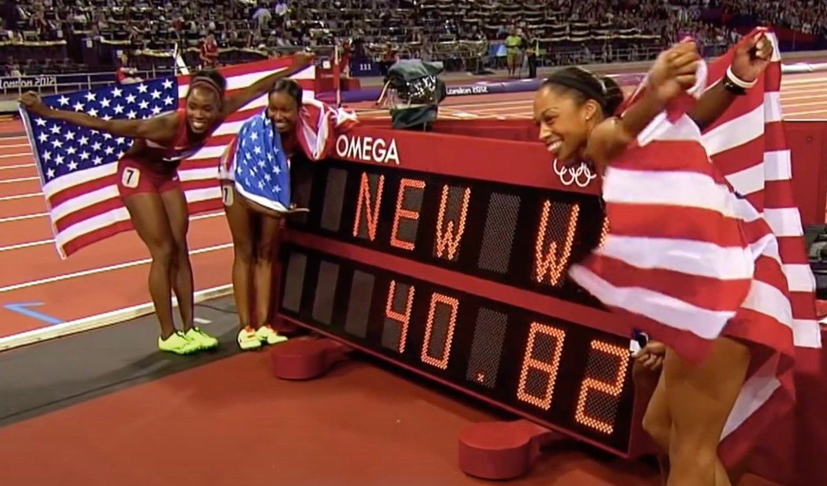 Tianna Bartoletta, far left, celebrates her 2012 world record at the London Olympics