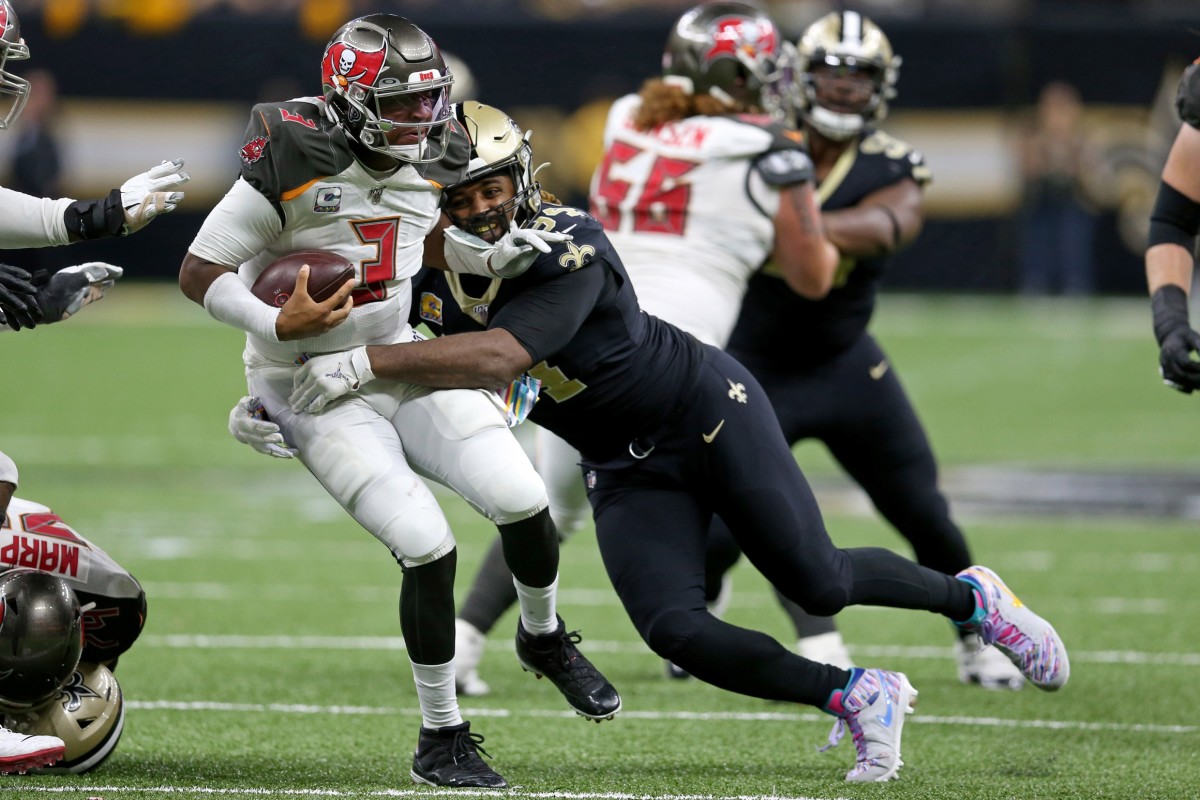 Oct 6, 2019; New Orleans, LA, USA; Tampa Bay Buccaneers quarterback Jameis Winston (3) is sacked by New Orleans Saints defensive end Cameron Jordan (94) in the second half at the Mercedes-Benz Superdome. Mandatory Credit: Chuck Cook-USA TODAY Sports