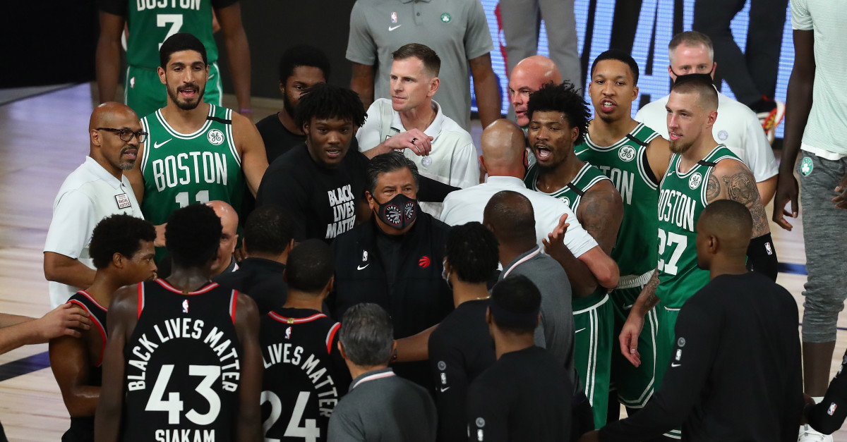 Boston Celtics guard Marcus Smart (36) talks with the Toronto Raptors after the game in game six of the second round of the 2020 NBA Playoffs at ESPN Wide World of Sports Complex.