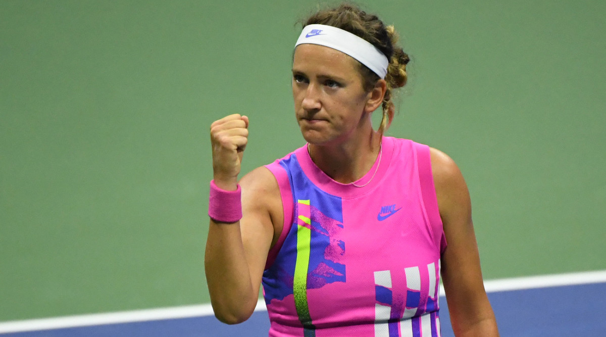 Victoria Azarenka of Belarus reacts after winning a point against Serena Williams of the United States (not pictured) in a women's singles semi-finals match on day ten of the 2020 U.S. Open