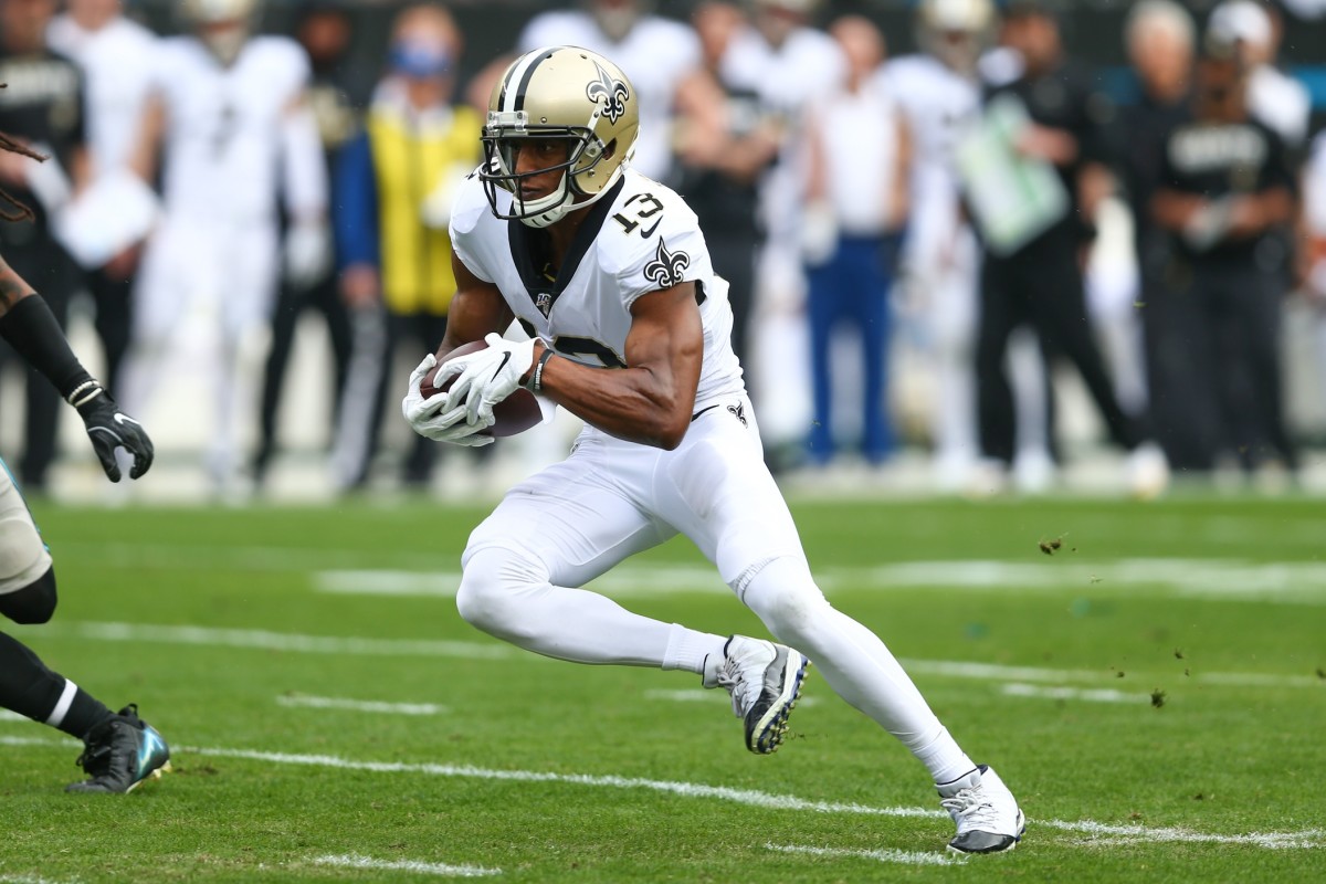 Dec 29, 2019; Charlotte, North Carolina, USA; New Orleans Saints wide receiver Michael Thomas (13) runs after a reception in the first quarter against the Carolina Panthers at Bank of America Stadium. Mandatory Credit: Jeremy Brevard-USA TODAY
