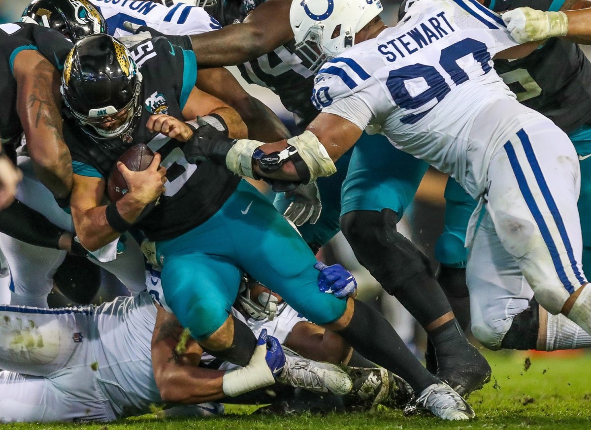Jacksonville Jaguars quarterback Gardner Minshew (15), shown in the 2019 season finale against the Indianapolis Colts, will face the same AFC South Division rival in Sunday's season opener at TIAA Bank Field in Jacksonville.