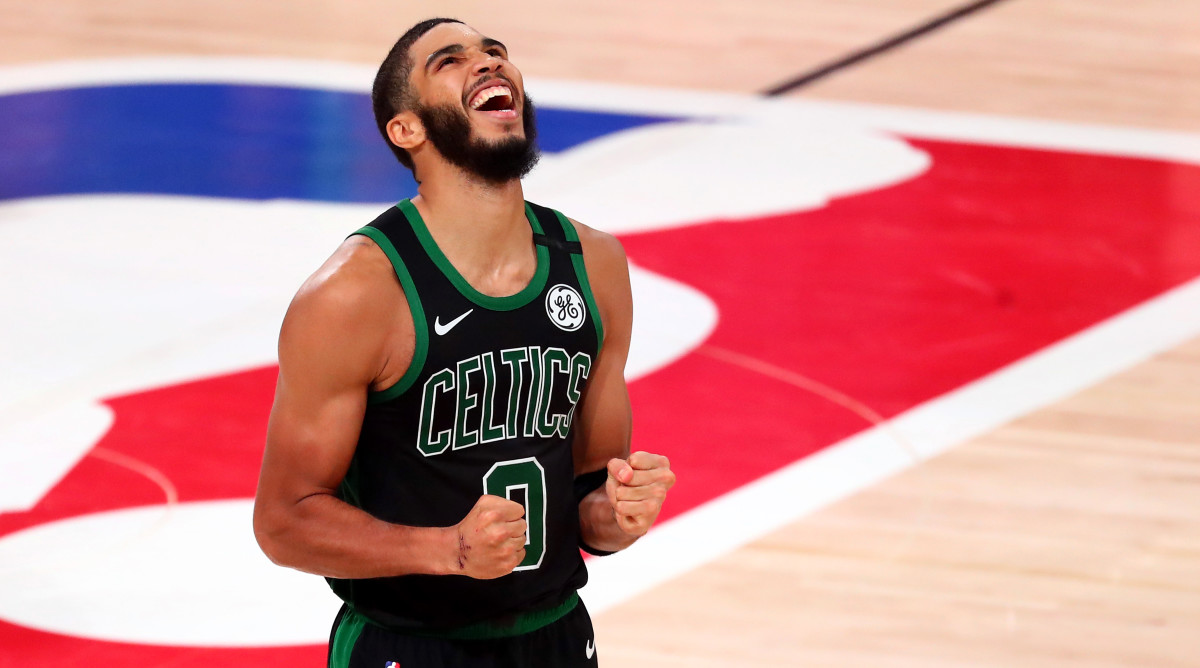 Sep 11, 2020; Lake Buena Vista, Florida, USA; Boston Celtics forward Jayson Tatum (0) celebrates after defeating the Toronto Raptors in game seven of the second round of the 2020 NBA Playoffs at ESPN Wide World of Sports Complex.