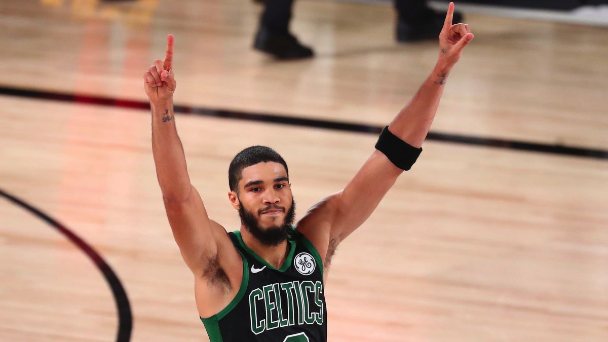 Boston Celtics forward Jayson Tatum (0) celebrates after defeating the Toronto Raptors in game seven of the second round of the 2020 NBA Playoffs at ESPN Wide World of Sports Complex.