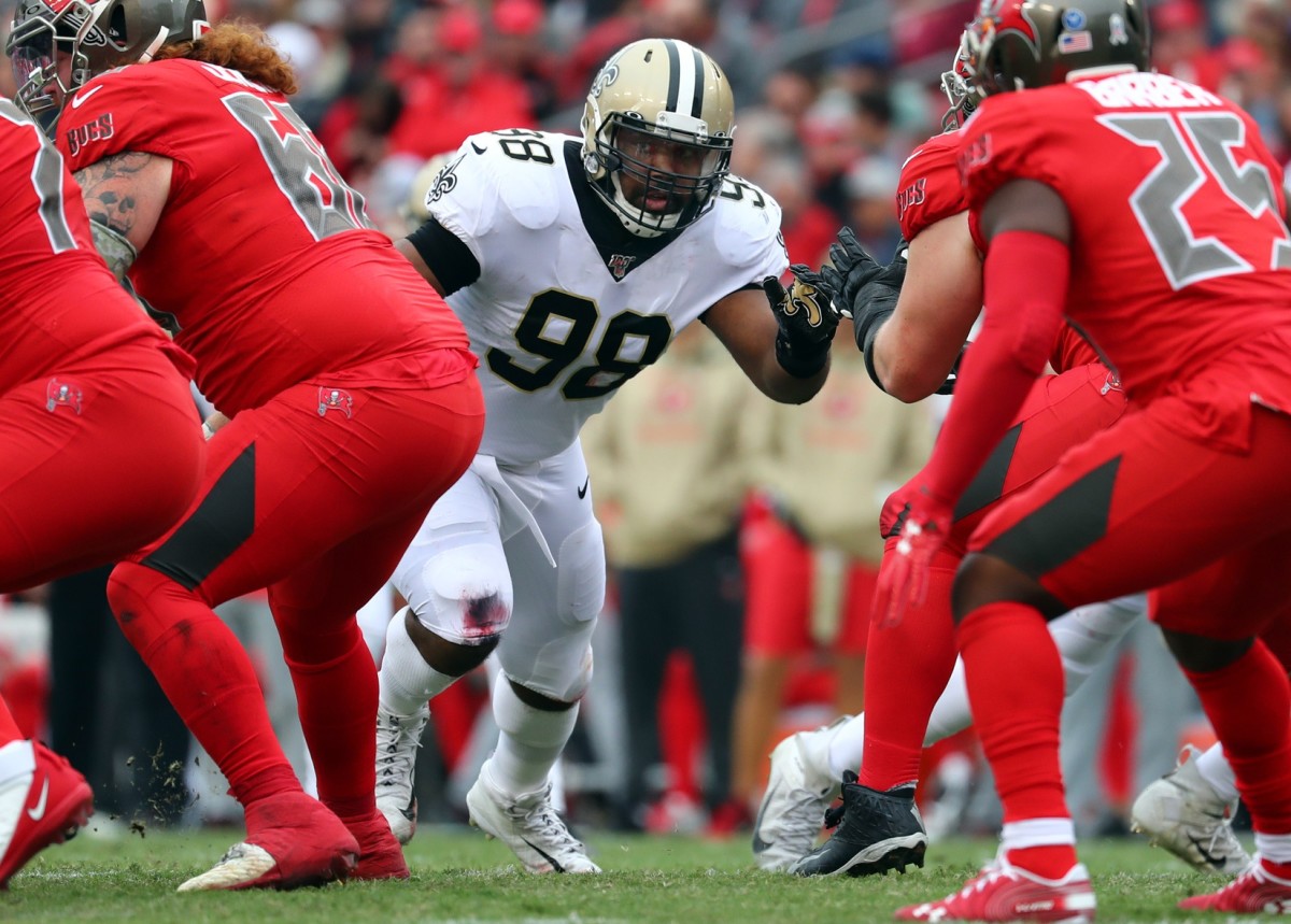 Nov 17, 2019; Tampa, FL, USA; New Orleans Saints defensive tackle Sheldon Rankins (98) rushes against the Tampa Bay Buccaneers during the second half at Raymond James Stadium. Mandatory Credit: Kim Klement-USA TODAY